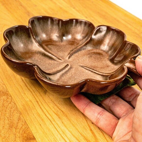 VTG Frankoma Plainsman Brown Satin Four Leaf Clover Ceramic Candy Dish - Picture 5 of 7